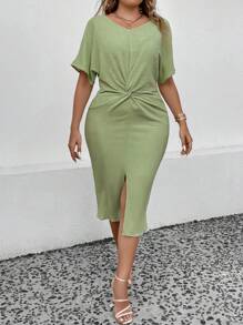 SHEIN LUNE Plus Twist Front Batwing Sleeve Split Thigh Dress - Green - View 4
