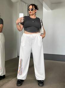 SHEIN ICON Plus Letter Graphic Drawstring Waist Joggers - White - View 2