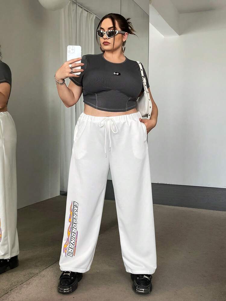 Plus Letter Graphic Drawstring Waist Sweatpants