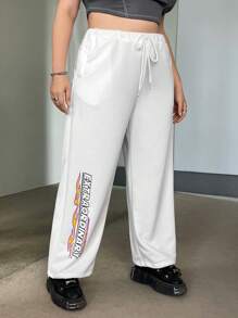 SHEIN ICON Plus Letter Graphic Drawstring Waist Joggers - White - View 1