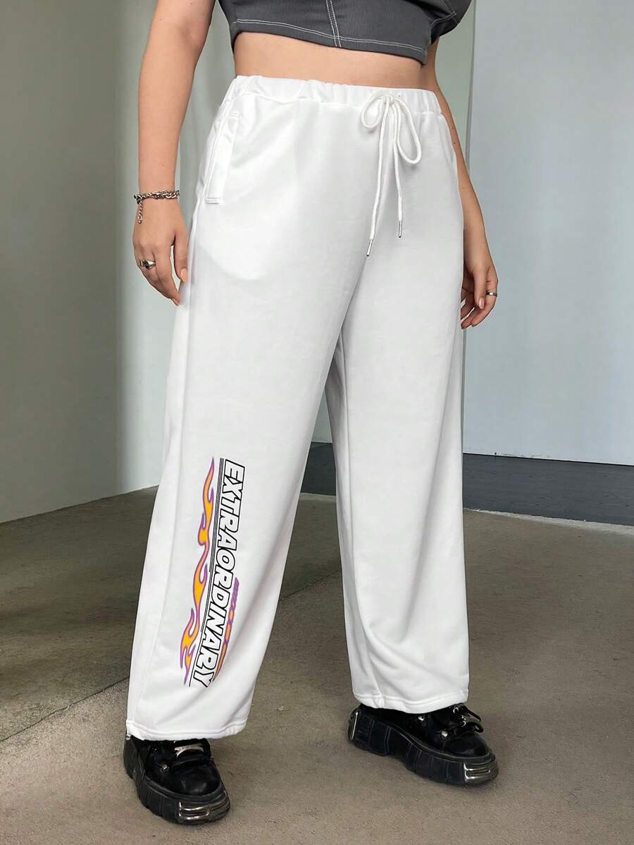 SHEIN ICON Plus Letter Graphic Drawstring Waist Joggers - White - View 1