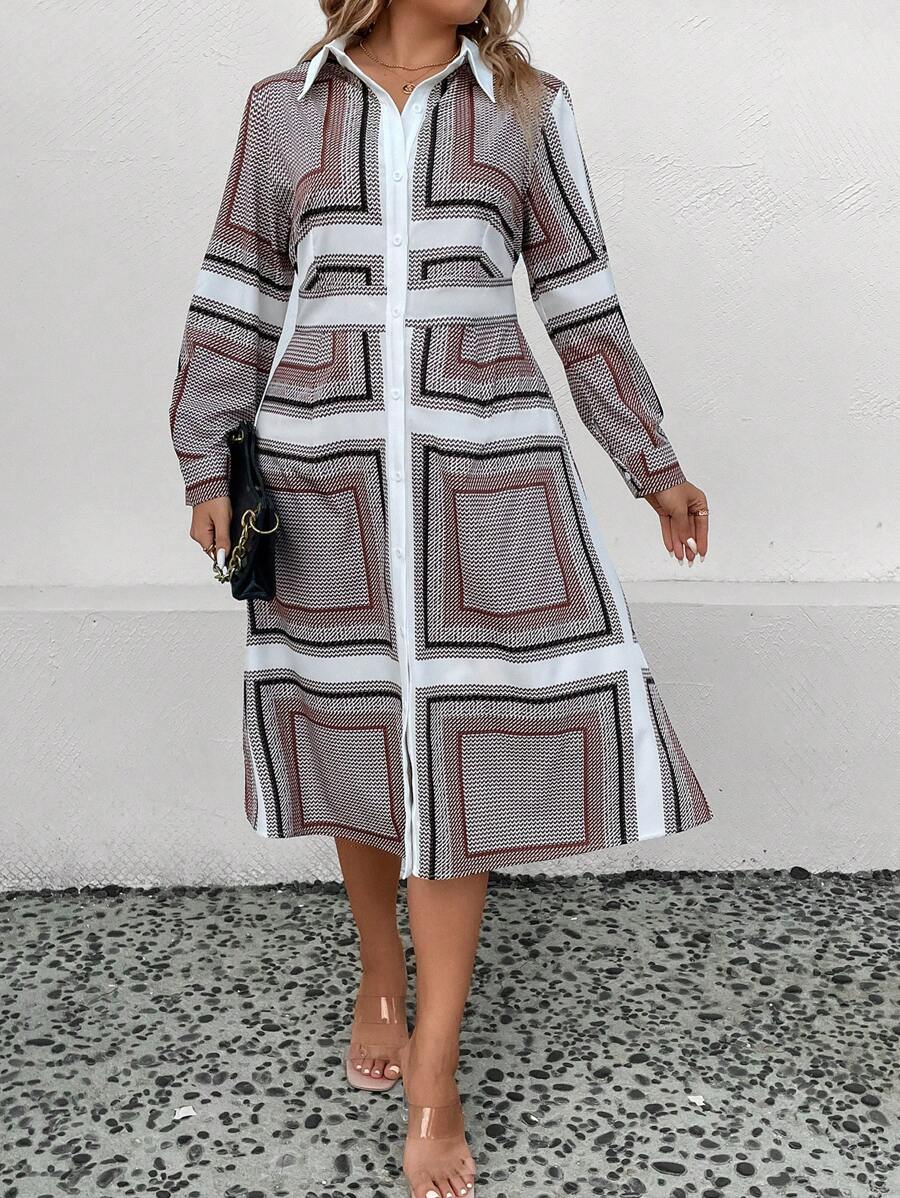 EMERY ROSE 大碼圍巾圖案襯衫洋裝 - 彩色 - 查看 1