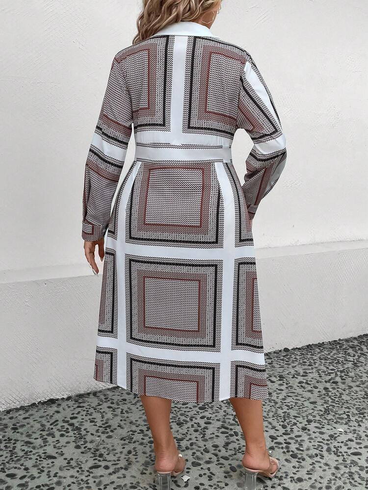 Plus Scarf Print Shirt Dress Fall Cloth For Women