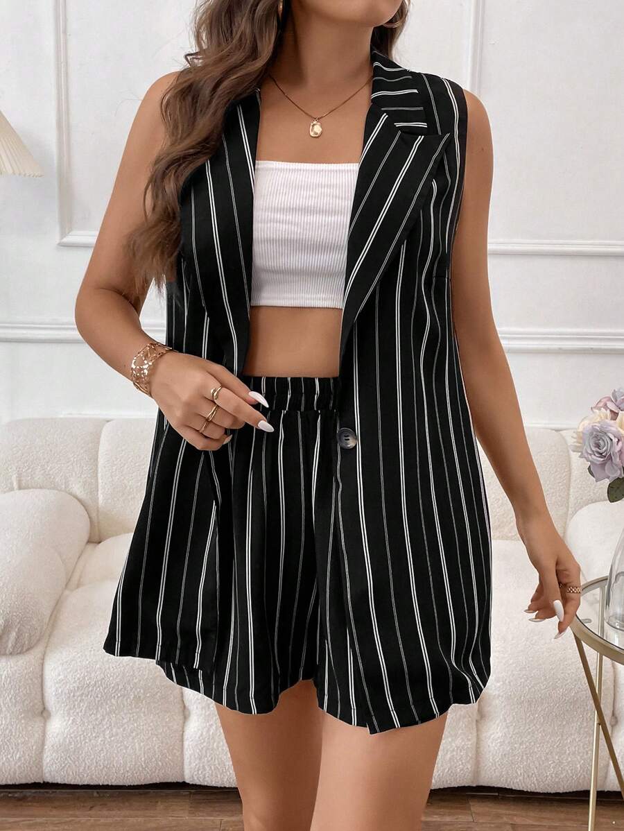 SHEIN LUNE Plus Striped Print Vest Blazer & Shorts - Black - View 1