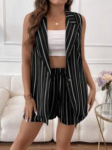 SHEIN LUNE Plus Striped Print Vest Blazer & Shorts - Black - View 4