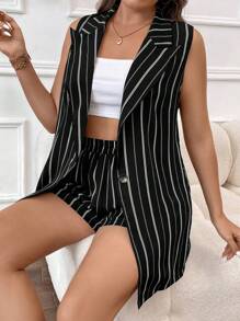 SHEIN LUNE Plus Striped Print Vest Blazer & Shorts - Black - View 7