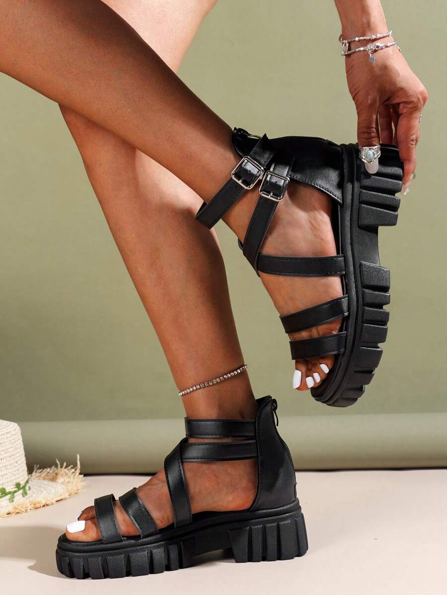 女士搭扣裝飾厚底踝帶時尚夏天涼鞋 - 黑色 - 查看 1