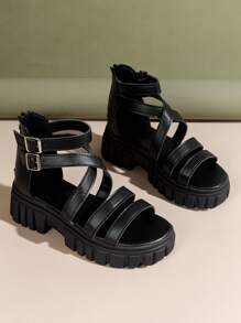 女士搭扣裝飾厚底踝帶時尚夏天涼鞋 - 黑色 - 查看 4