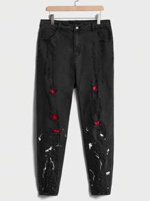 GENTILAND 男士大码潑墨圖案破洞抽鬚牛仔褲 - 黑色 - 查看 1