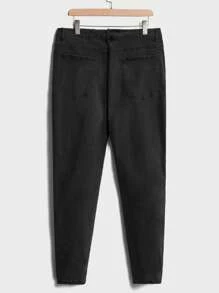 GENTILAND 男士大码潑墨圖案破洞抽鬚牛仔褲 - 黑色 - 查看 2