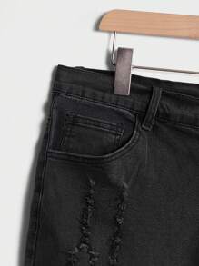 GENTILAND 男士大码潑墨圖案破洞抽鬚牛仔褲 - 黑色 - 查看 3