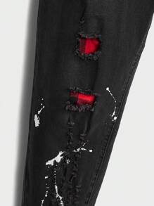 GENTILAND 男士大码潑墨圖案破洞抽鬚牛仔褲 - 黑色 - 查看 4