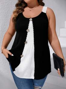 SHEIN LUNE Plus Two Tone Button Detail Knit Top - Black and White - View 1