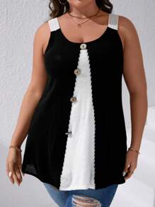 SHEIN LUNE Plus Two Tone Button Detail Knit Top - Black and White - View 3