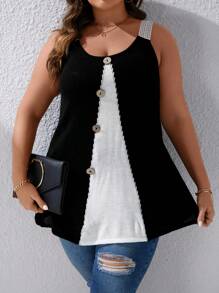 SHEIN LUNE Plus Two Tone Button Detail Knit Top - Black and White - View 5