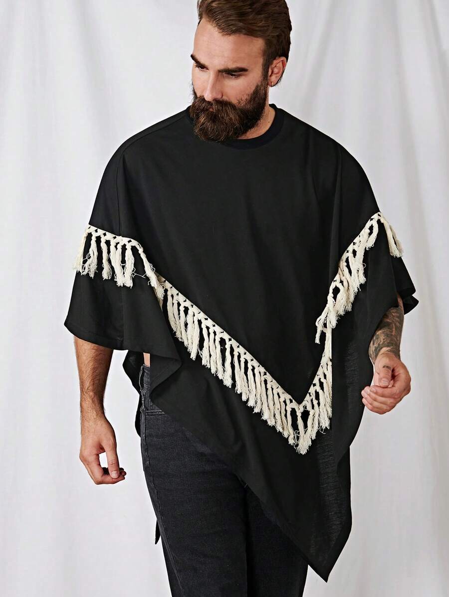 GENTILAND 男士流蘇邊不對稱下擺斗篷T恤 - 黑色 - 查看 1