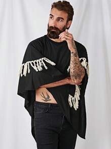 GENTILAND 男士流蘇邊不對稱下擺斗篷T恤 - 黑色 - 查看 6