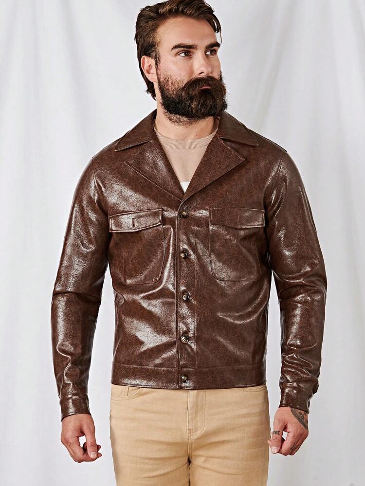 Men Flap Pocket PU Leather Jacket