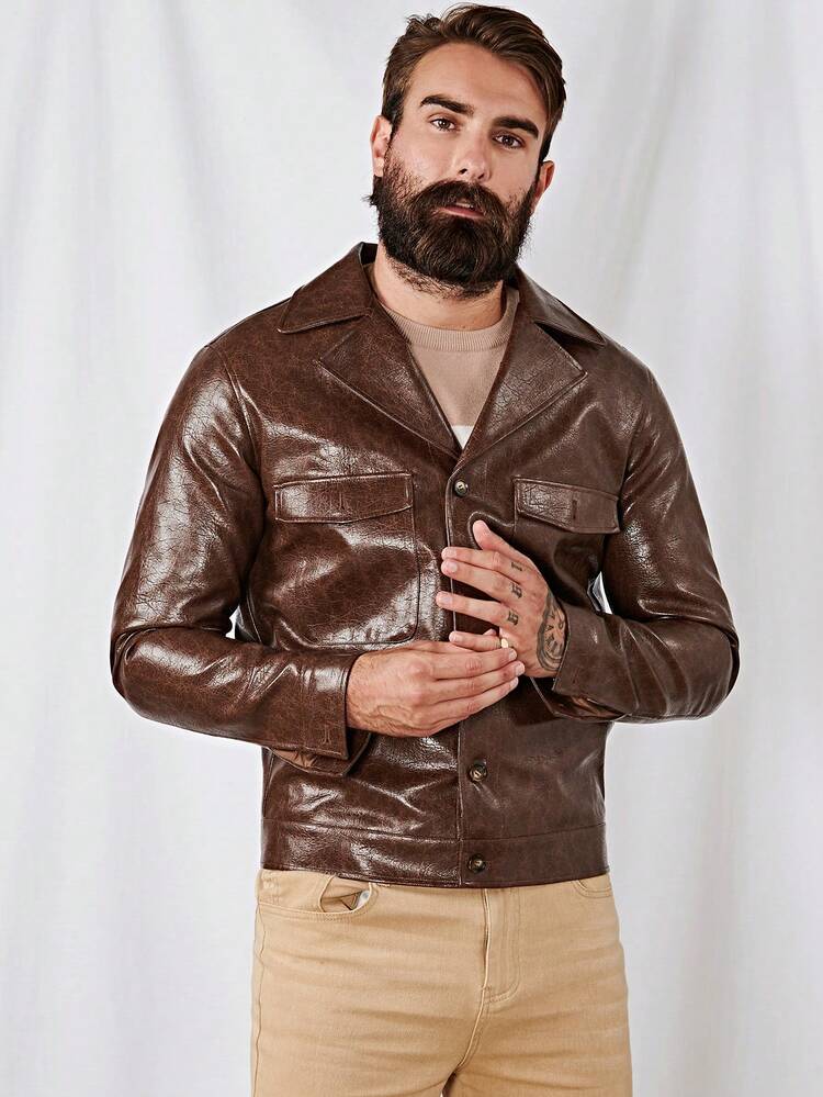 Men Flap Pocket PU Leather Jacket