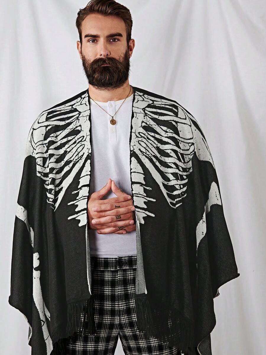 GENTILAND Men Halloween Skeleton Print Poncho Cardigan - Black - View 1