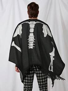 GENTILAND Men Halloween Skeleton Print Poncho Cardigan - Black - View 2