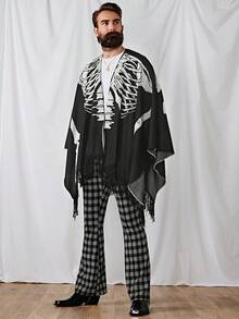 GENTILAND Men Halloween Skeleton Print Poncho Cardigan - Black - View 3