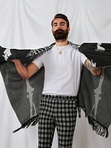 GENTILAND Men Halloween Skeleton Print Poncho Cardigan - Black - View 5