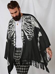 GENTILAND Men Halloween Skeleton Print Poncho Cardigan - Black - View 7