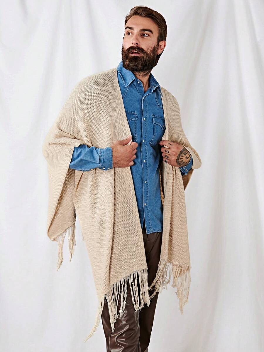 Manfinity VCAY Men Fringe Hem Batwing Sleeve Cardigan - Beige - View 1