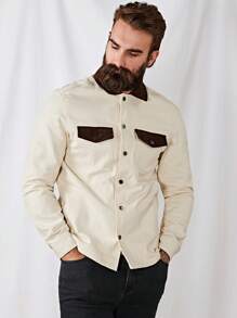 Manfinity VCAY Nam Cổ áo tương phản Túi có nắp Áo khoác - Màu be - Xem 3