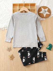 男小童卡通和字母圖案睡衣套裝 - 灰色 - 查看 2