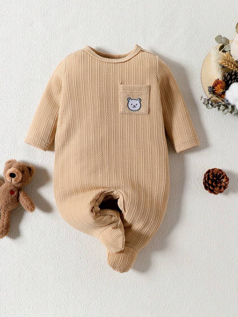 SHEIN 女嬰小熊刺繡條紋針織連身褲 - 杏色 - 查看 1