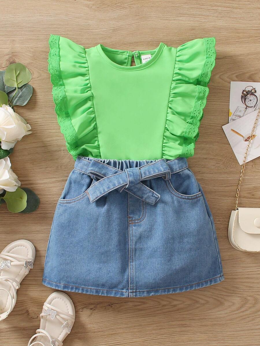 SHEIN 女小童荷葉邊後鎖孔上衣&牛仔半身裙 - 彩色 - 查看 1