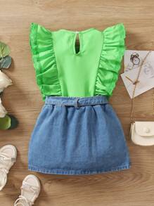 SHEIN 女小童荷葉邊後鎖孔上衣&牛仔半身裙 - 彩色 - 查看 2