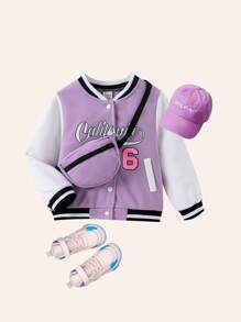 SHEIN Cô Gái Trẻ Thú vị In Màu sắc Chặn Giải trí Phong cách đường phố Áo khoác Thích hợp Đối với Mùa thu Và Mùa Đông - Màu tím hoa cà - Xem 1