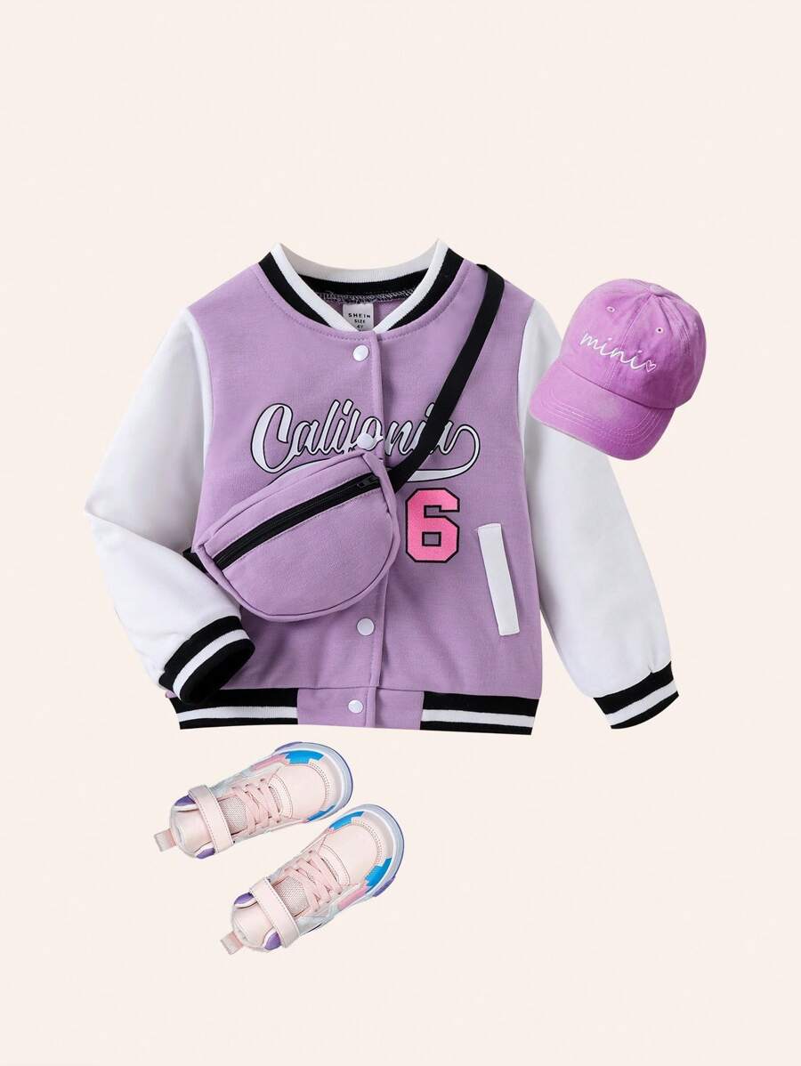 SHEIN Cô Gái Trẻ Thú vị In Màu sắc Chặn Giải trí Phong cách đường phố Áo khoác Thích hợp Đối với Mùa thu Và Mùa Đông - Màu tím hoa cà - Xem 1