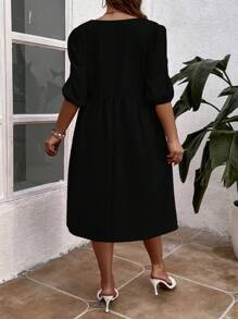SHEIN Franclia Plus Square Neck Puff Sleeve Smock Dress - Black - View 2