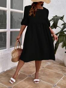 SHEIN Franclia Plus Square Neck Puff Sleeve Smock Dress - Black - View 3