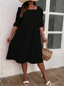 SHEIN Franclia Plus Square Neck Puff Sleeve Smock Dress - Black - View 4