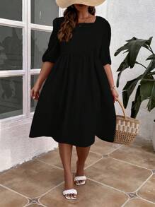 SHEIN Franclia Plus Square Neck Puff Sleeve Smock Dress - Black - View 5