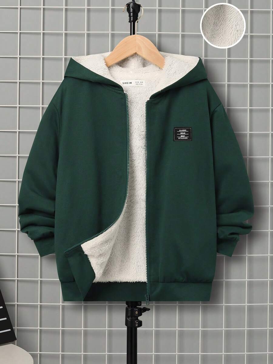 SHEIN 男大童字母補丁細節毛絨內襯連帽衛衣 - 墨綠色 - 查看 1