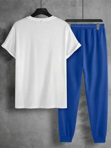 Manfinity Men Bird Print Tee & Drawstring Waist Sweatpants - Blue and White - View 2