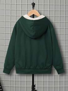 SHEIN 男大童字母補丁細節毛絨內襯連帽衛衣 - 墨綠色 - 查看 2