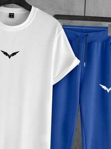 Manfinity Men Bird Print Tee & Drawstring Waist Sweatpants - Blue and White - View 3