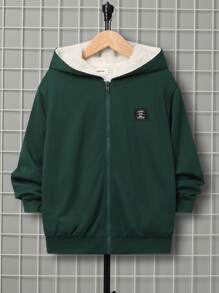 SHEIN 男大童字母補丁細節毛絨內襯連帽衛衣 - 墨綠色 - 查看 3