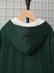 SHEIN 男大童字母補丁細節毛絨內襯連帽衛衣 - 墨綠色 - 查看 6