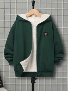SHEIN 男大童字母補丁細節毛絨內襯連帽衛衣 - 墨綠色 - 查看 7