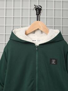 SHEIN 男大童字母補丁細節毛絨內襯連帽衛衣 - 墨綠色 - 查看 12