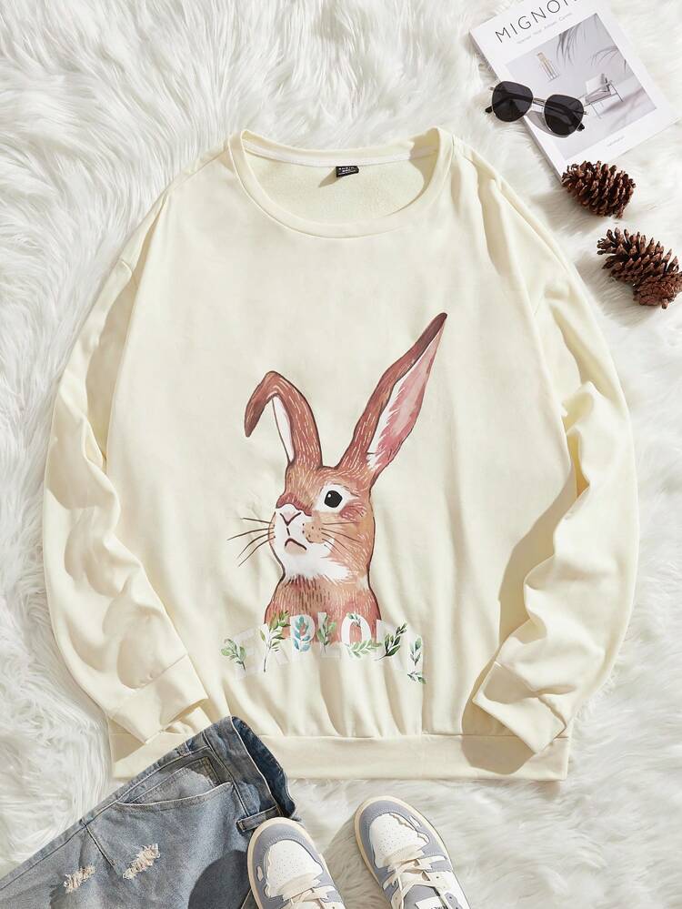 Men Plus Rabbit Print Drop Shoulder Sweatshirt, For Fall Winter