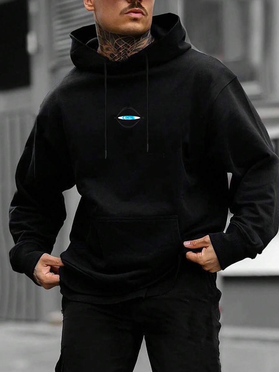 Manfinity Homme 男士眼睛圖案袋鼠口袋抽繩連帽衫 - 黑色 - 查看 1